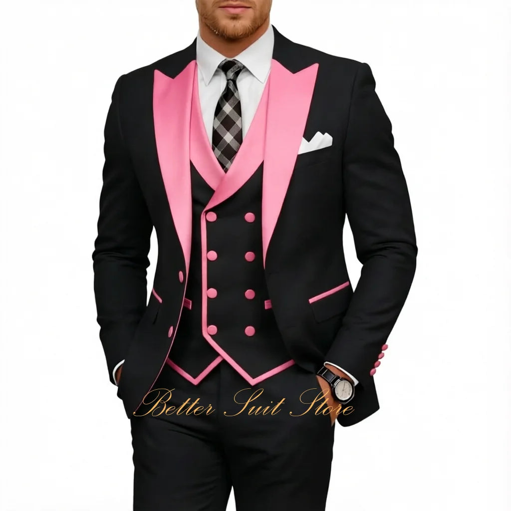 Fashion Men's Tuxedo 3 Piece Slim Fit Peak Lapel Jacket Vest Pants Set Formal Suits for Men Wedding Prom Dinner Men Suits