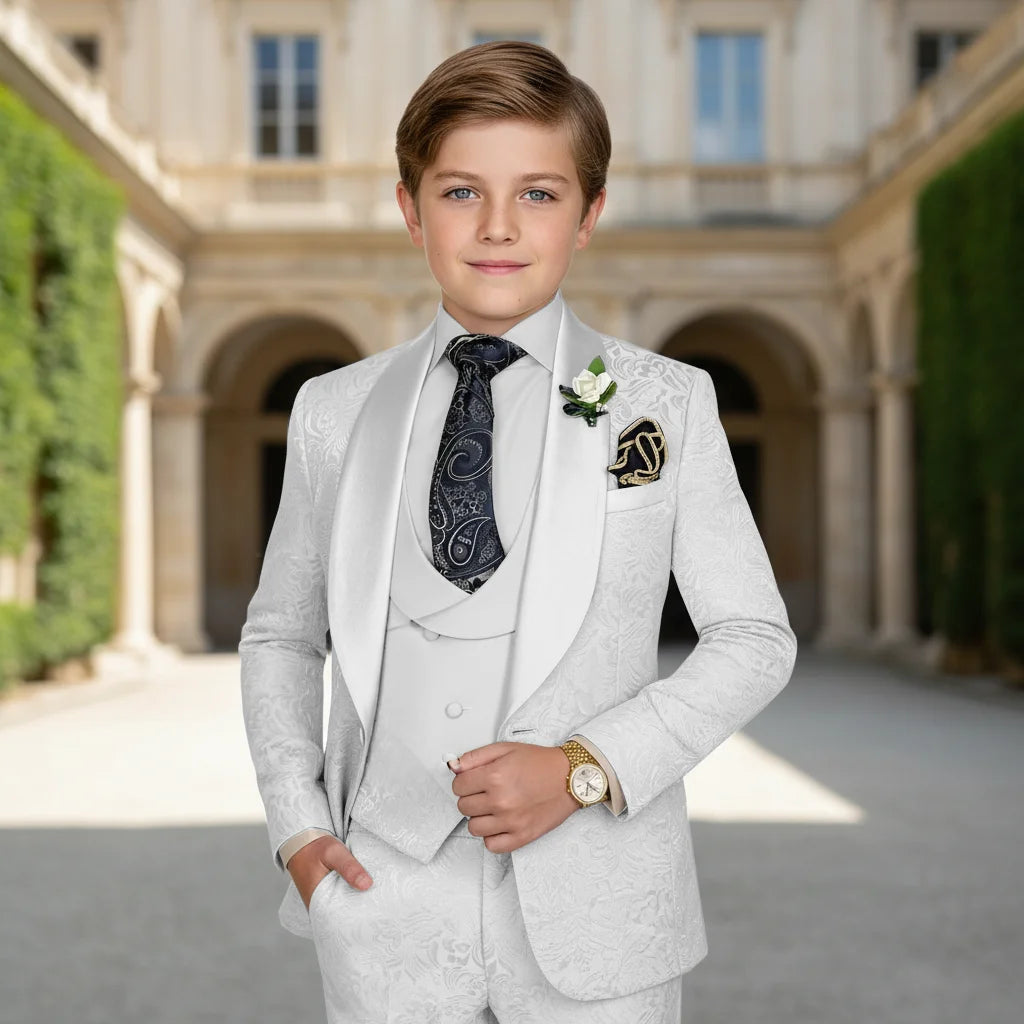 Elegant Boys Wedding Suits Italian Design Champagne Smoking Kids Tuxedo Jacket Vest Pants 3 Piece Party Prom Suits Set For Boy