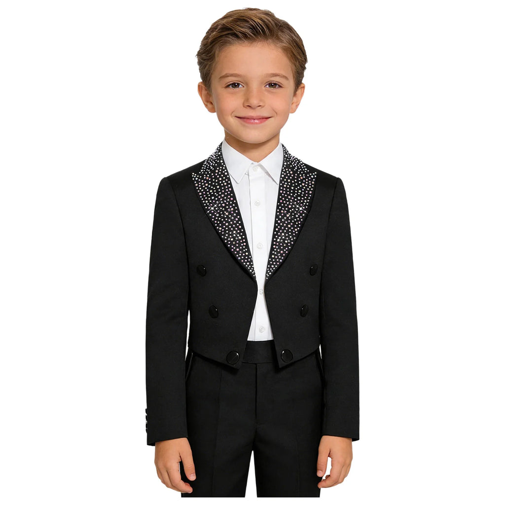 Elegant Boys Tuxedo Tailcoat Lapel Rhinestone Long Sleeve Open Front Blazer Outerwear Jacket Gentleman Formal Party Wedding Suit