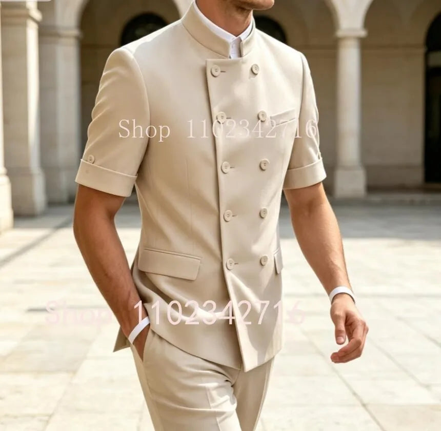 Latest Design 2 Pieces Tuxedo Wedding Suits for Men Short Sleeves Bespoke Groom Formal Fashion Male Suit Prom Party Blazer+Pants